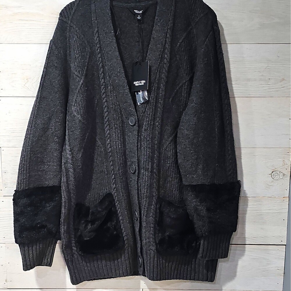 NWT Simply Vera Vera Wang Faux Fur Pocket Cable Knit Cardigan Sweater Charcoal M